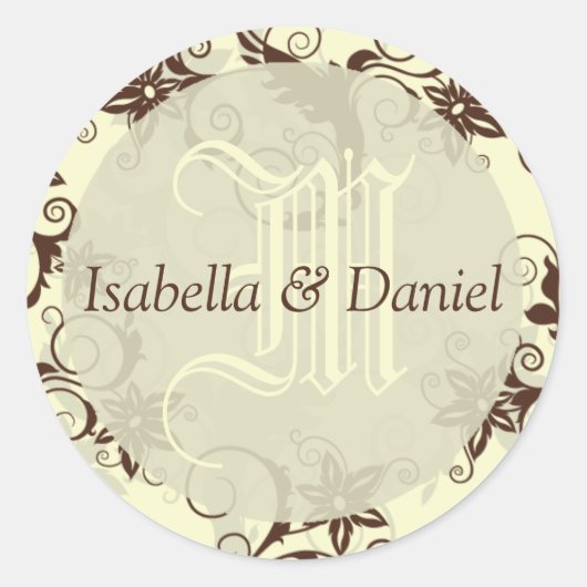 Sticker Rond Fleurs Damas Mariage Nom de couple Monogramme (Devant)