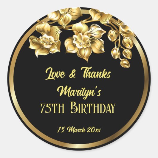 Sticker Rond Fleurs d'anniversaire en noir et or personnalisées (Devant)