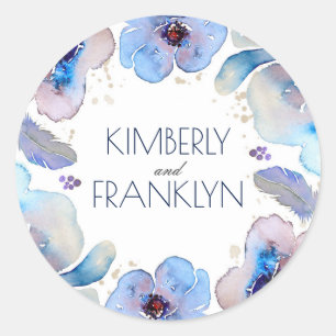 Sticker Rond Fleurs d'aquarelle bleu Boho Feathers Mariage