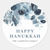 Sticker Rond Fleurs d'aquarelle bleu et feuillage Bonne Hanoukk (Devant)