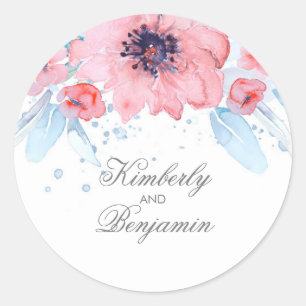 Sticker Rond Fleurs d'aquarelle bleu et rose Mariage élégant