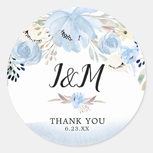Sticker Rond Fleurs d'aquarelle bleu Monogramme Mariage Faveur (Devant)