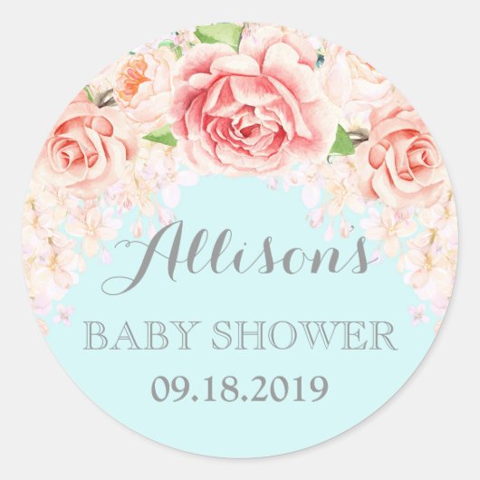 Sticker Rond Fleurs d'aquarelle bleu rose Baby shower préféré (Devant)