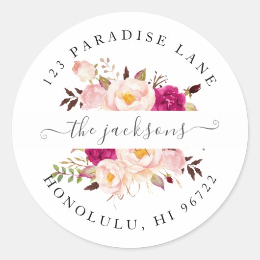 Sticker Rond Fleurs d'aquarelle Broussaillée Bourgogne pivoines (Devant)