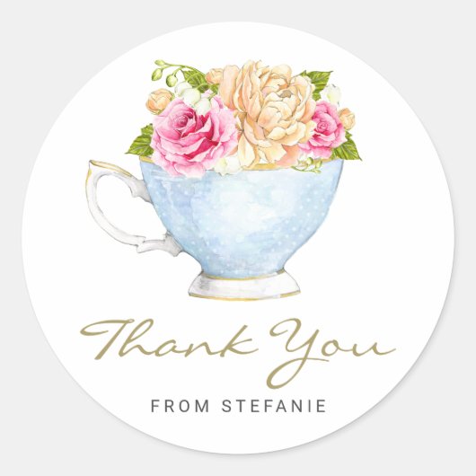 Sticker Rond Fleurs d'aquarelle dans le Merci Tea Party Teacup (Devant)