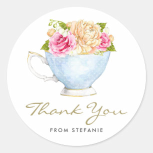 Sticker Rond Fleurs d'aquarelle dans le Merci Tea Party Teacup