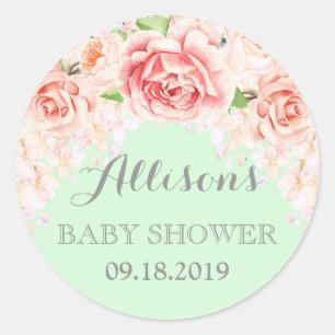 Sticker Rond Fleurs d'aquarelle de Monnaie rose Baby shower pré