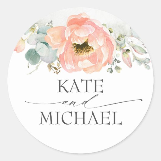 Sticker Rond Fleurs d'aquarelle de pêche Mariage élégant (Devant)