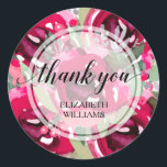 Sticker Rond Fleurs d'aquarelle du Merci<br><div class="desc">Merci et votre nom sur un arrière - plan de fleurs roses chaudes et de feuilles, ces autocollants sont prêts à personnaliser pour les douches nuptiales, votre mariage ou toute occasion. Vous pouvez modifier la taille de police et de police pour le nom, il suffit de cliquer sur le lien...</div>