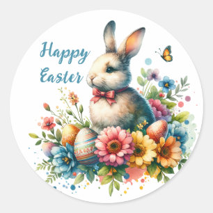 Sticker Rond Fleurs d'aquarelle et lapin Pâques