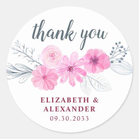 Sticker Rond Fleurs d'aquarelle gris rose moderne grâce (Devant)