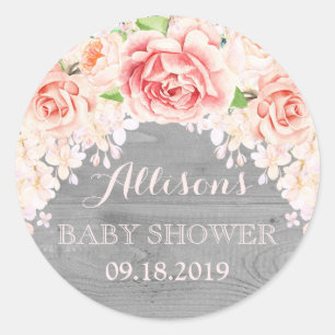 Sticker Rond Fleurs d'aquarelle rose bois Baby shower préféré