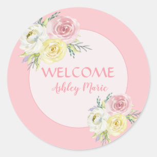 Sticker Rond Fleurs d'aquarelle rose personnalisables Bienvenue