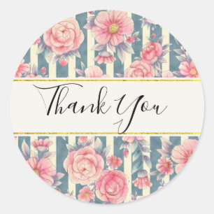 Sticker Rond Fleurs d'aquarelle rose sur les rayures Merci