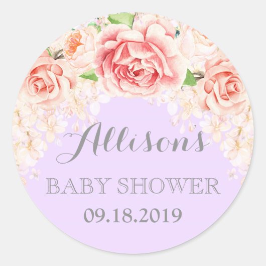 Sticker Rond Fleurs d'aquarelle rose violet Baby shower Favoris (Devant)