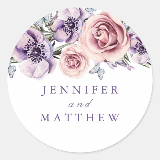 Sticker Rond Fleurs d'aquarelle violette romantique (Devant)