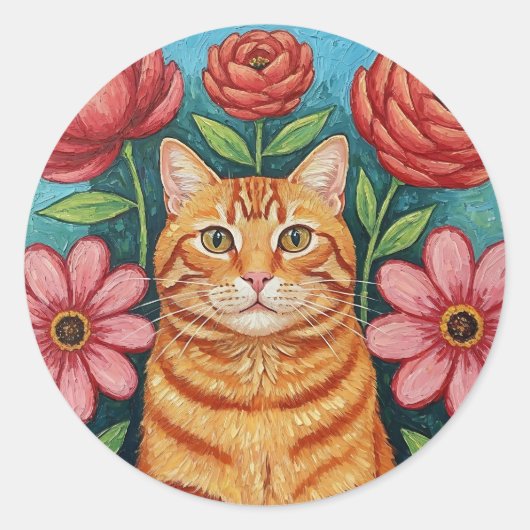 Sticker Rond Fleurs d'art populaire de chat orange (Devant)