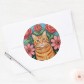 Sticker Rond Fleurs d'art populaire de chat orange (Enveloppe)