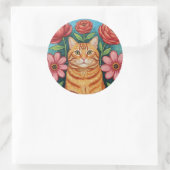 Sticker Rond Fleurs d'art populaire de chat orange (Sac)