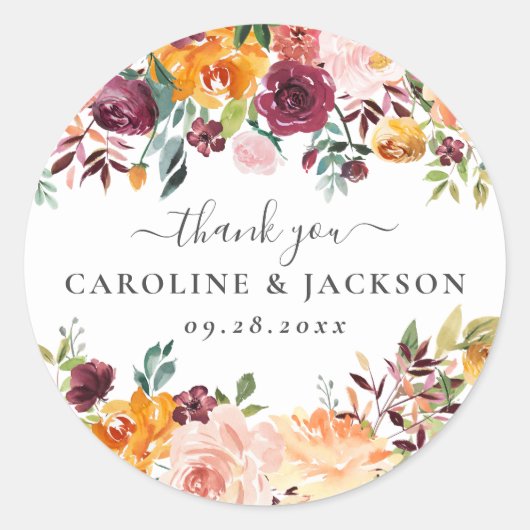 Sticker Rond Fleurs d'automne Mariage Merci (Devant)