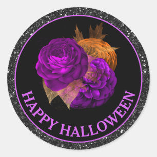 Sticker Rond Fleurs d'automne orange et violet Halloween heureu