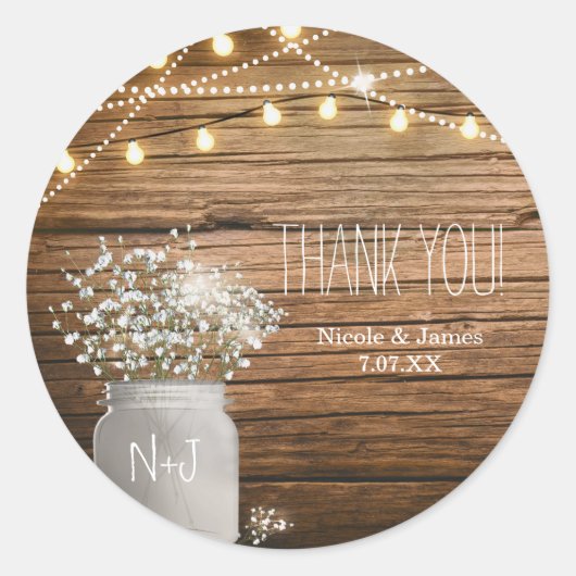 Sticker Rond Fleurs de Baby's Breath dans un pot Mason rustique (Devant)