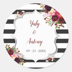 Sticker Rond Fleurs de Bourgogne avec rayures noires et blanche