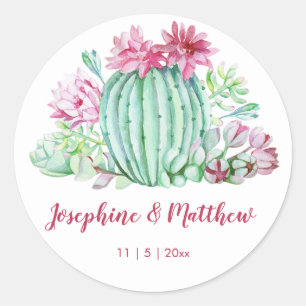 Sticker Rond Fleurs de cactus roses Succulents Mariage d'aquare