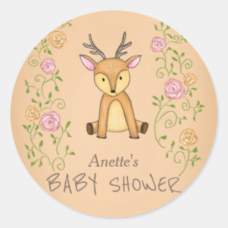 Sticker Rond Fleurs de cerfs de bois Baby shower forestier