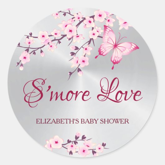 Sticker Rond Fleurs de cerisier Papillon S'more Amour (Devant)