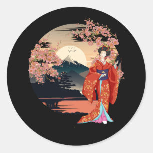 Sticker Rond Fleurs de cerisiers Fuji de montagne Geisha Gard j
