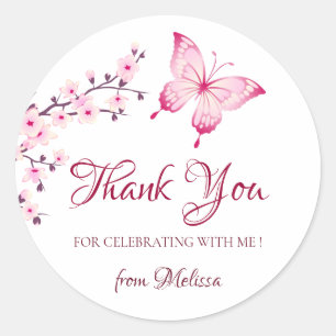 Sticker Rond Fleurs de cerisiers Merci blanc rose