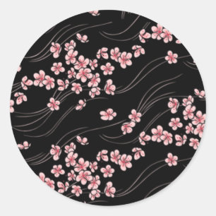 Sticker Rond Fleurs de cerisiers roses sur le noir