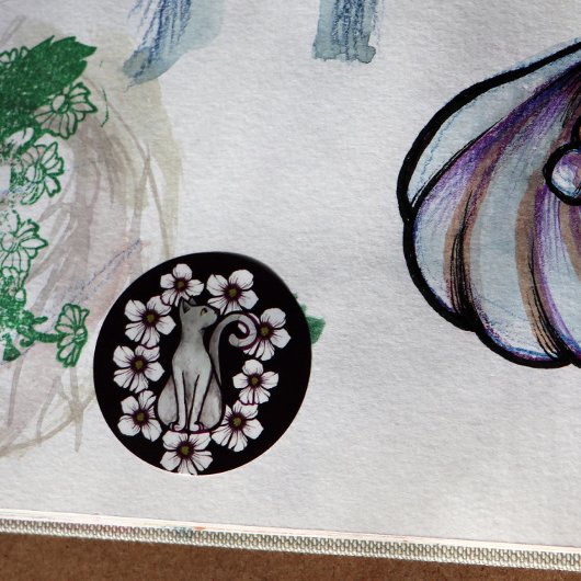 Sticker Rond Fleurs de chat blanc fleurs florales sakura chats 