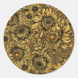 Sticker Rond Fleurs de chrysanthème jaunes et coléoptères orang