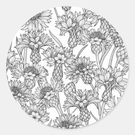 Sticker Rond Fleurs de Cornflowers, fleurs sauvages en noir et (Devant)