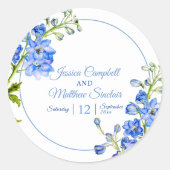 Sticker Rond Fleurs de Delphinium bleu aquarelle art mariage (Devant)