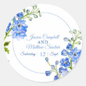 Sticker Rond Fleurs de Delphinium bleu aquarelle art mariage (Devant)