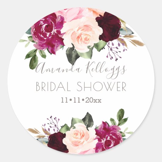 Sticker Rond Fleurs de douche de mariée aquarelle bordeaux rose (Devant)