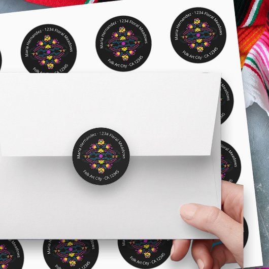 Sticker Rond Fleurs de fête mexicaine Fiesta Adresse noire