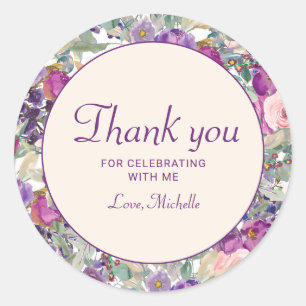 Sticker Rond Fleurs de feuillage rose violet pour anniversaire
