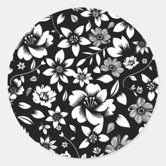Sticker Rond Fleurs de feuilles modernes noir blanc qui souffle (Devant)
