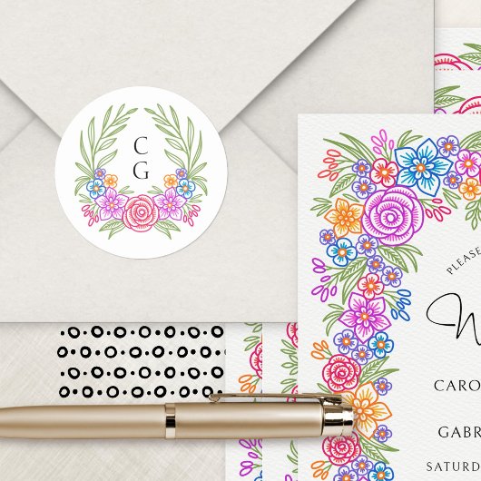 Sticker Rond Fleurs de Fiesta Mariage mexicain