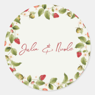 Sticker Rond Fleurs de Fraisier Sauvage Rouge Sucré Mariage