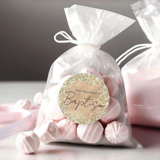 Sticker Rond Fleurs de Gypsophile aquarelles bohèmes pour baptê