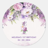 Sticker Rond Fleurs de Jardin violet et rose 1er anniversaire (Devant)