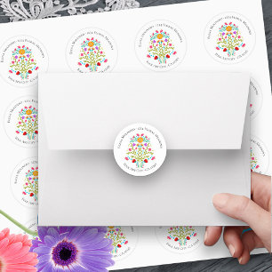 Sticker Rond Fleurs de la Fête Mexicaine Florales Adresse Blanc