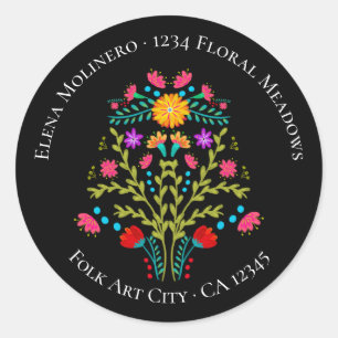 Sticker Rond Fleurs de la Fête Mexicaine Florales Adresse Noire