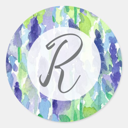 Sticker Rond Fleurs de Lavande Monogramme Écriture de Lettres (Devant)