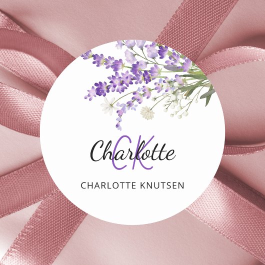 Sticker Rond Fleurs de lavande monogrammées 